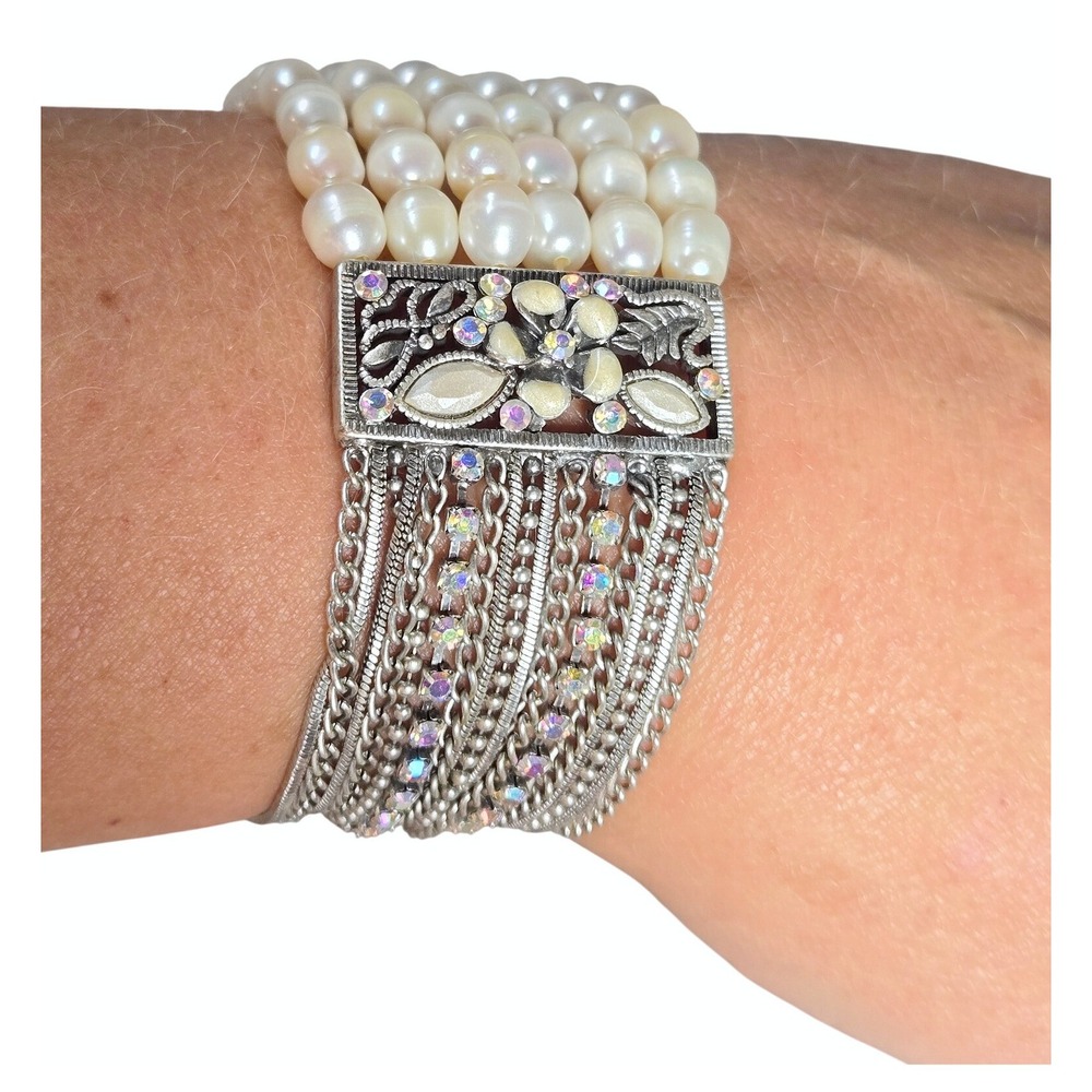 VTG‎ Freshwater Pearl Multi Strand Fringe Bracelet AB Rhinestone Boho Goth MCM
